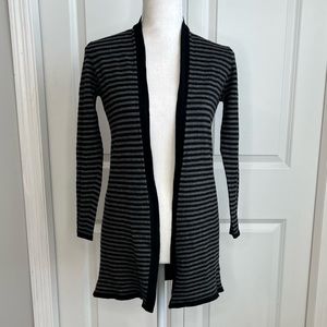 Eileen Fisher Black Grey Stripe Cardigan Merino Wool Open Front Small Long Warm